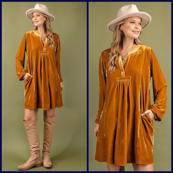 EASEL Long Sleeve Luxury Soft Velvet V-Neck Dress With Balloon Sleeve & Pockets - Picture 14 of 16